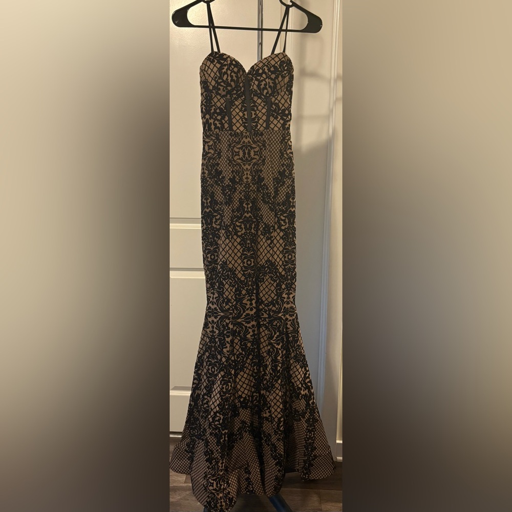 Winsor Malie Bustier Mermaid Flocked Velvet Formal Dress Black and Tan Size XS